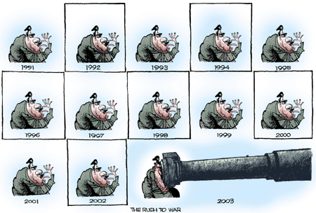 "The rush to war" editorial cartoon